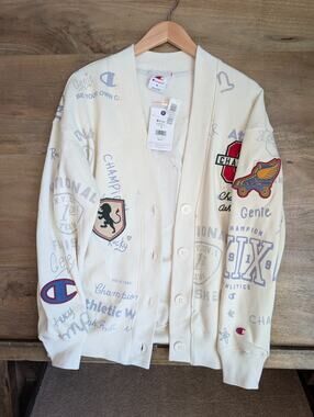 Champion Editorial Varsity Cardigan Sweater Womens Small Cream Long Sleeve NWT